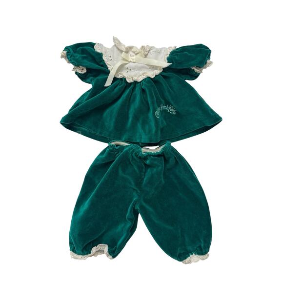 Vintage CABBAGE PATCH KIDS Green Velvet Outfit White Eyelet Lace Collared - Picture 1 of 2